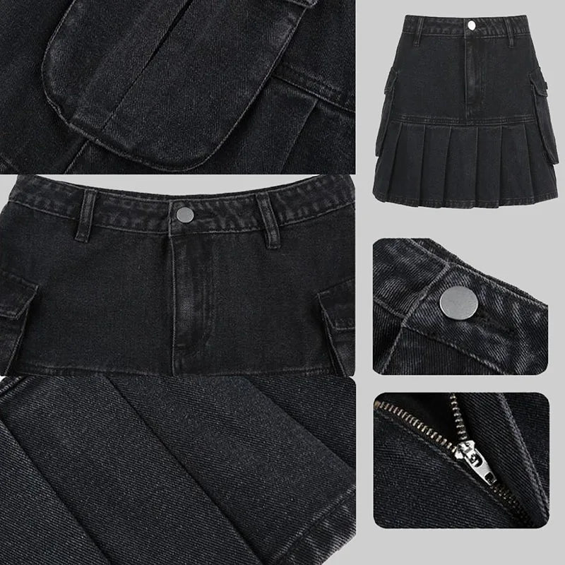 Hnewly Skirts Women Folds Denim Mini Sexy Kawaii Streetwear Korean Style Chic Casual A-Line Vintage Fashionable Harajuku Sweet Girls