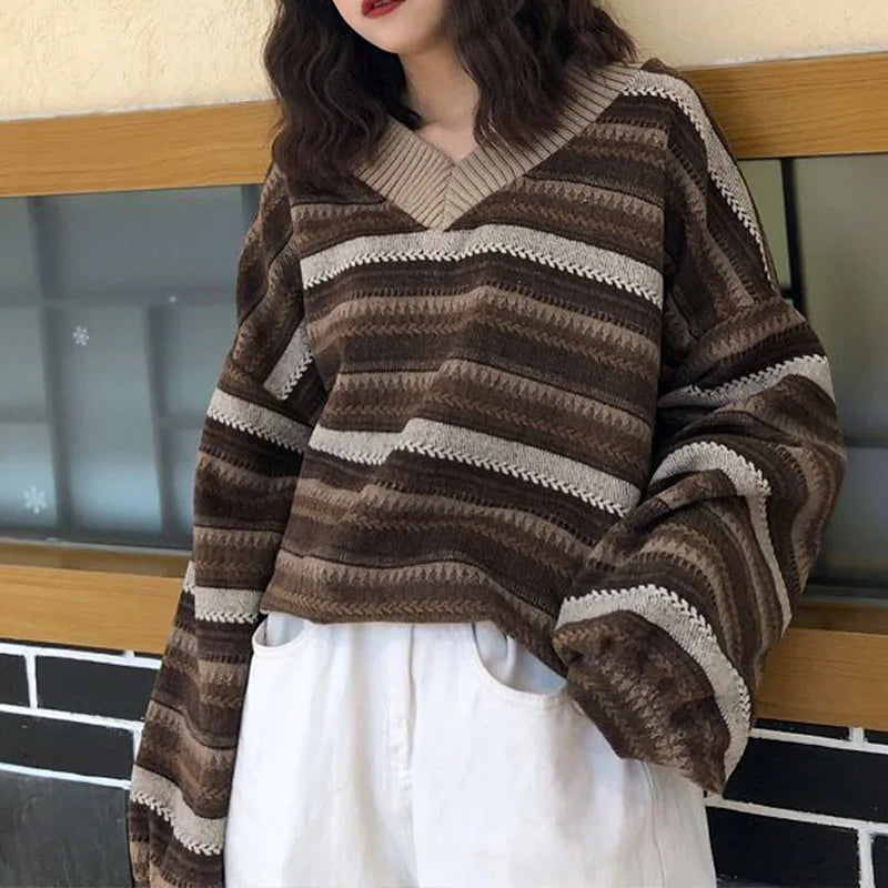 Hnewly WINTER OUTFITS Knitted Sweaters Women Oversized V Neck Striped Pullover Vintage Sweater Autumn Winter Retro Warm Jumper Harajuku Loose Sweater