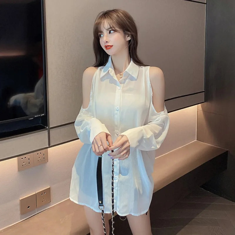 Hnewly Shirts Women Loose Design Solid Summer Leisure Off Shoulder Minimalist Ladies Korean Style Mid-length Sun-proof Comfortable Chic