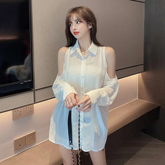 Hnewly Shirts Women Loose Design Solid Summer Leisure Off Shoulder Minimalist Ladies Korean Style Mid-length Sun-proof Comfortable Chic