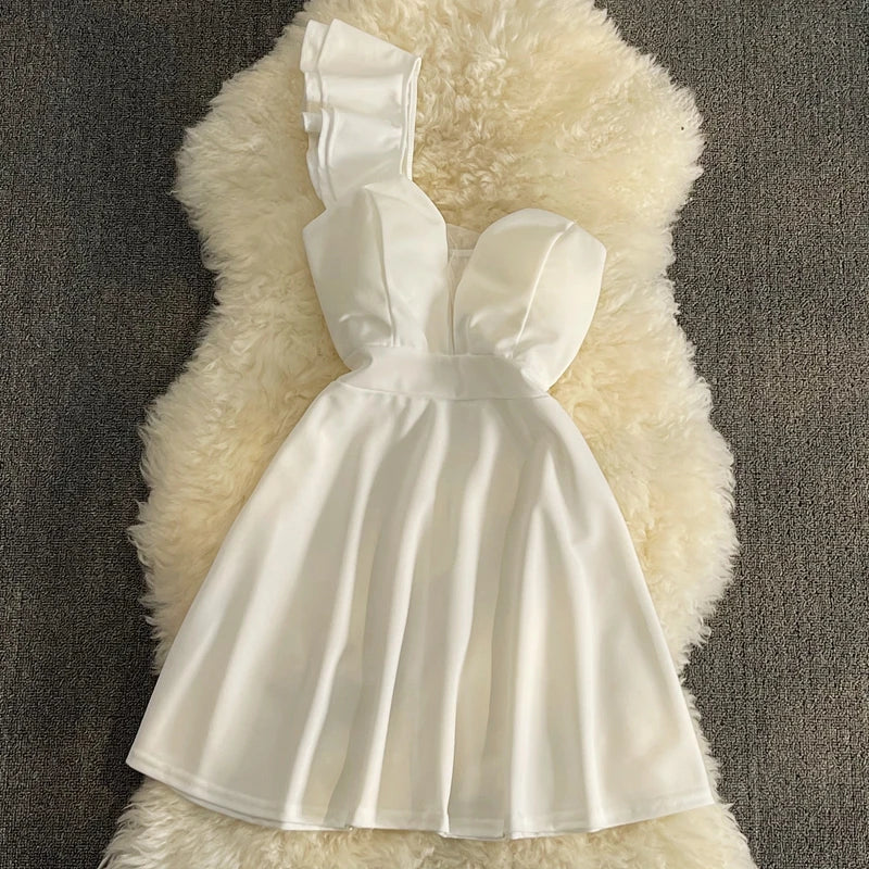 Hnewly Women Black White Ruffled One Shoulder Sleeveless Mini Dress Strapless Mesh Patchwork High Waist A-line Party Dress Vestidos