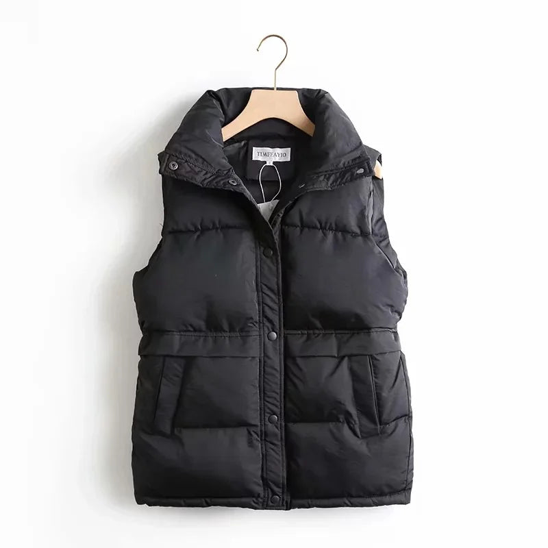 Hnewly Autumn Winter Women Solid Loose Vest Drawstring Stand Collar Long Vest Jacket  Cotton Padded Women Windproof Warm Waistcoat