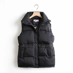 Hnewly Autumn Winter Women Solid Loose Vest Drawstring Stand Collar Long Vest Jacket  Cotton Padded Women Windproof Warm Waistcoat