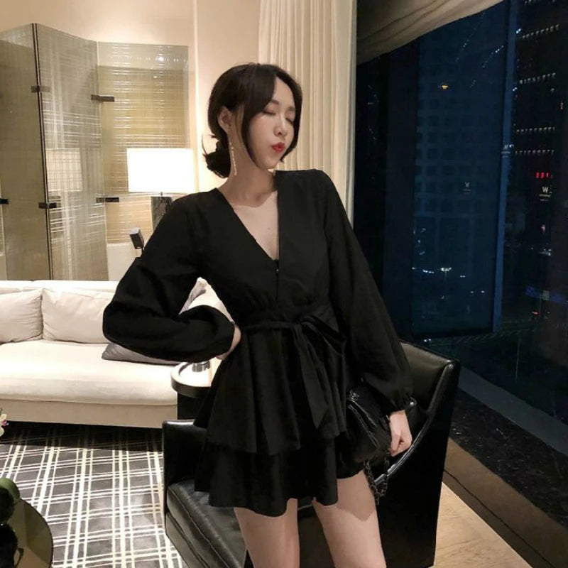 Hnewly Long Sleeve Dress Women Red V-neck Cascading Ruffle Casual Mini Dresses Womens Elegant Sexy Party Vestidoes Fashion Solid Trendy