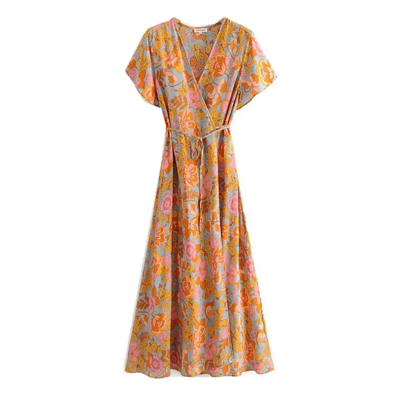 Hnewly  Wood ears Lacing up O neck Orange Camellia Floral Print Short Sleeve Dress Retro Spliced Pleated Mini Short Dresses