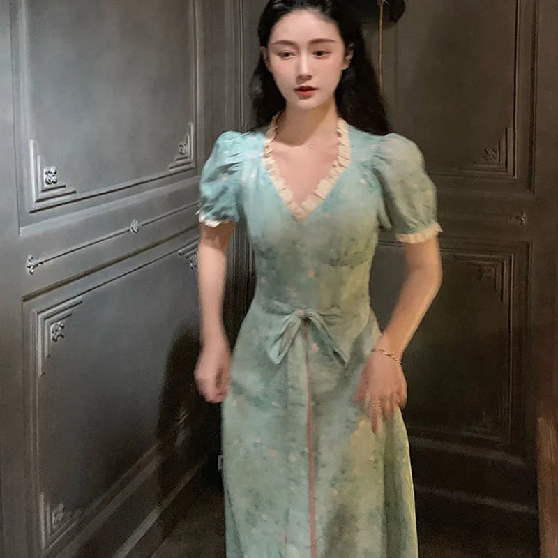 Hnewly DRESS TO IMPRESS Summer Floral Vintage Dress Women Lace Patchwork Sweet Party Midi Dress Female 2024 French Short Sleeve Slim Fairy Kawaii Dress
