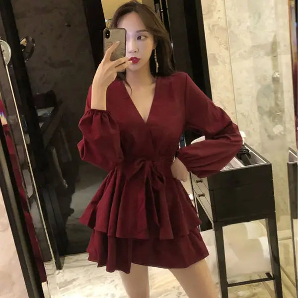 Hnewly Long Sleeve Dress Women Red V-neck Cascading Ruffle Casual Mini Dresses Womens Elegant Sexy Party Vestidoes Fashion Solid Trendy