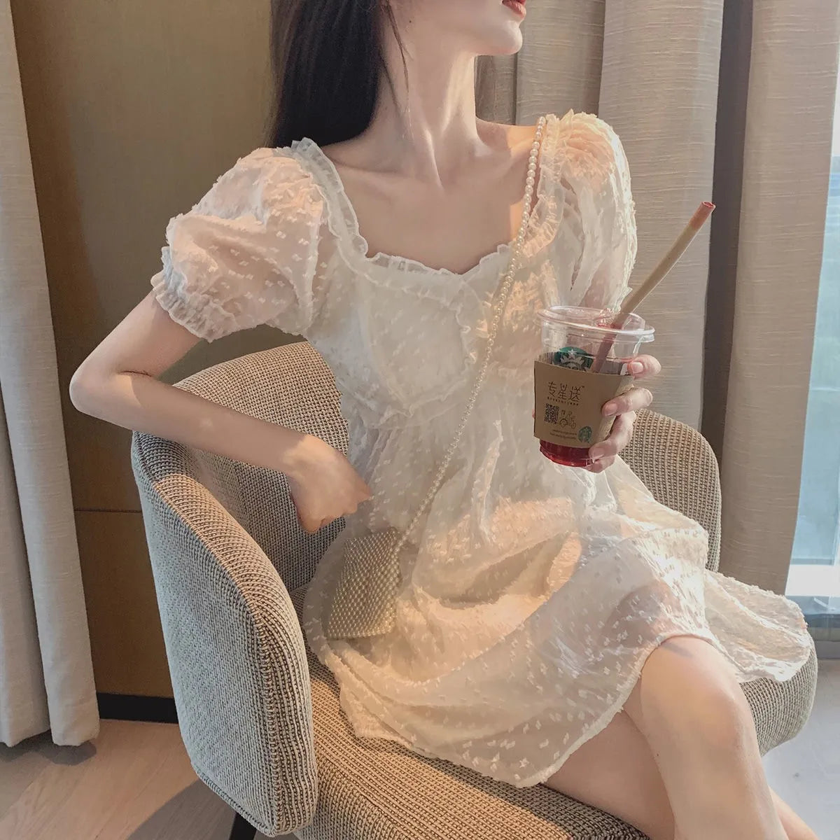 Hnewly DRESS TO IMPRESS Summer Chiffon Lace Fairy Dress Women Backless Design Puff Sleeve Party Mini Dress Female Patchwork Korean One-piece Dress