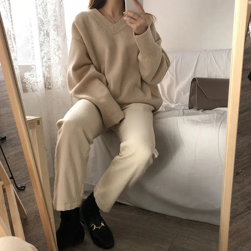 Hnewly FALL OUTFIT Sweater Pullovers Women Spring New Chic Solid V-neck All-match Loose Simple Female Fashion Vintage Elegant Clothing Leisure Soft