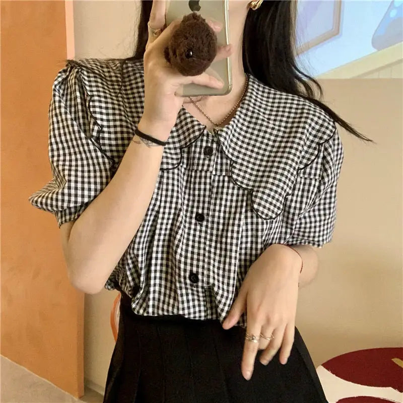 Hnewly Spring Shirt Womens Lovely Elegant Soft Student Simple Plaid All-match Chic Tops Peter-pan-collar Fashion Vintage New Clothing