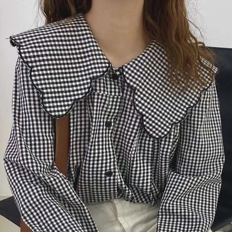 Hnewly Spring Shirt Womens Lovely Elegant Soft Student Simple Plaid All-match Chic Tops Peter-pan-collar Fashion Vintage New Clothing