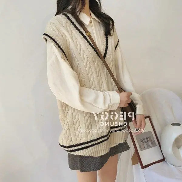 Hnewly Sweater Vest Women Sleeveless Knitting Simple College Preppy Harajuku All-match V-neck Retro Spring Fall Female Teens Lady Chic