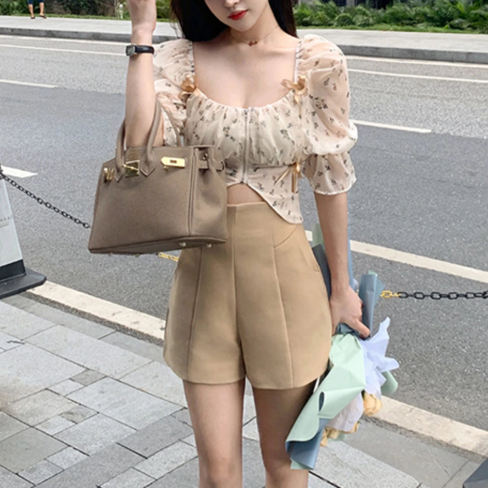 Hnewly Puff Sleeve Floral Chiffon Blouses Women Summer Short Korean Design Fairy Shirts Tops Casual Chic Evening Party Y2k Clothes