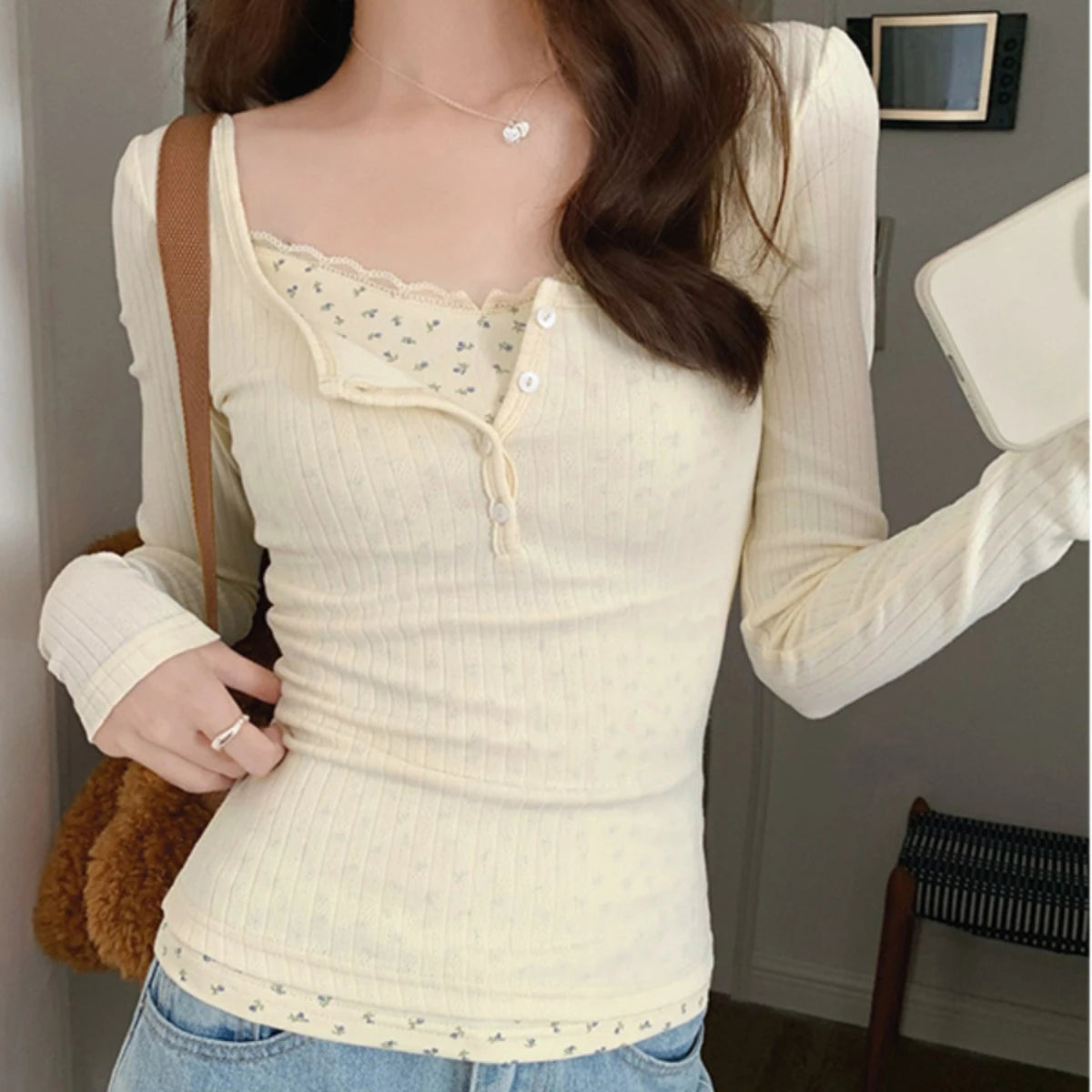 Hnewly FALL OUTFIT T-shirts Women Floral Fake Two Pieces Korean Fashionable Designed All-match Hotsweet Y2k Tops High Street Basic Clothes Fairy