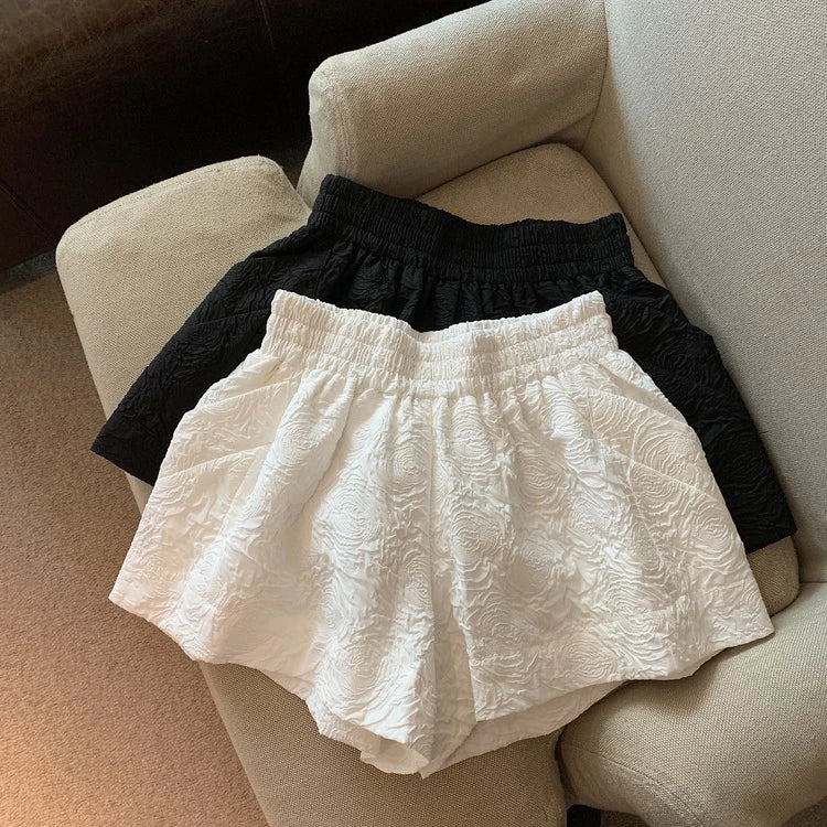 Hnewly  Black White Jacquard Shorts Women 2025 Summer Elastic High Waist Pockets Wide Leg Shorts Woman Loose Streetwear Half Pants
