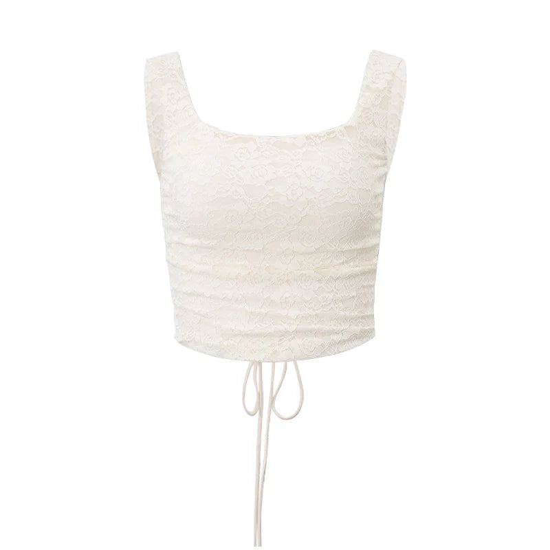 Hnewly Elegant Square-neck Bandage Backless Tank Top With Y2K Lace Texture Mesh See-through Party Long Skirt Club Gentle Set