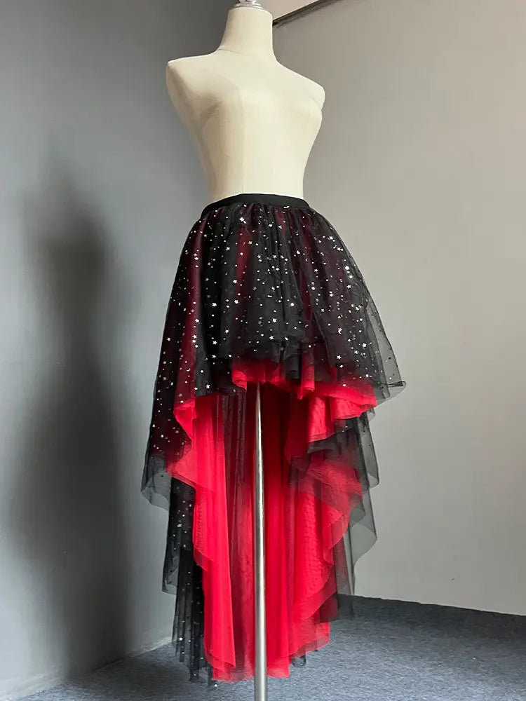 Hnewly  New Spring Summer Short Front Long Back Women's Puffy Skirt Shiny 5-layer Irregular Mid-long Elastic Waist Fairy Skirts