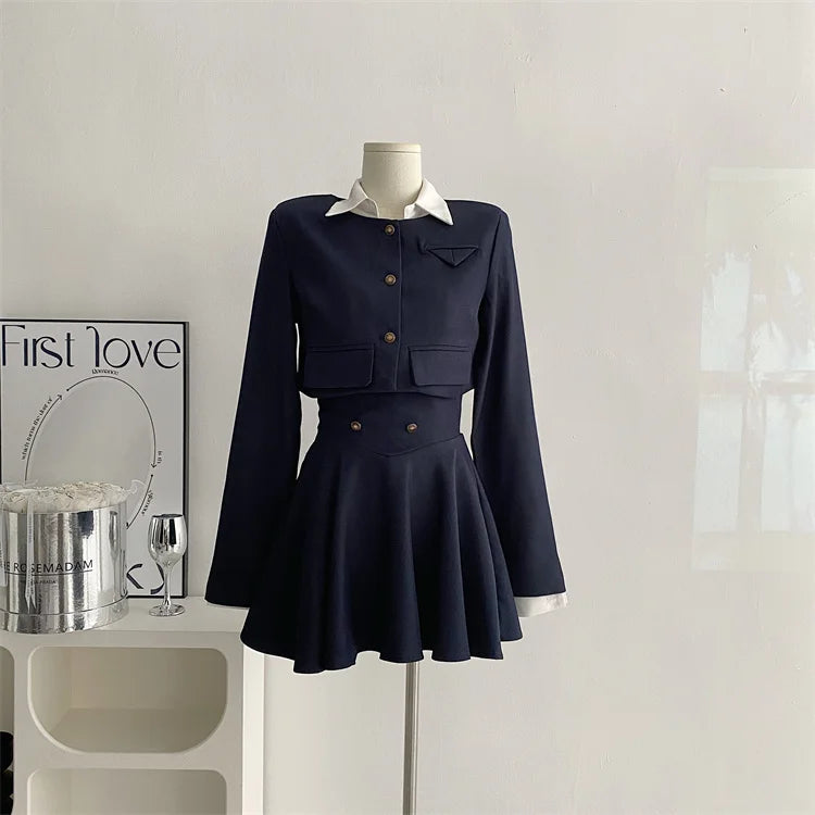 Hnewly 2025 spring fashion trend Korean Women Cropped Coat Long Sleeve Shirt High Waist Halter Ruffles Mini Dress Chic Fashion Sexy Outfits Y2K 3 Piece Set  New