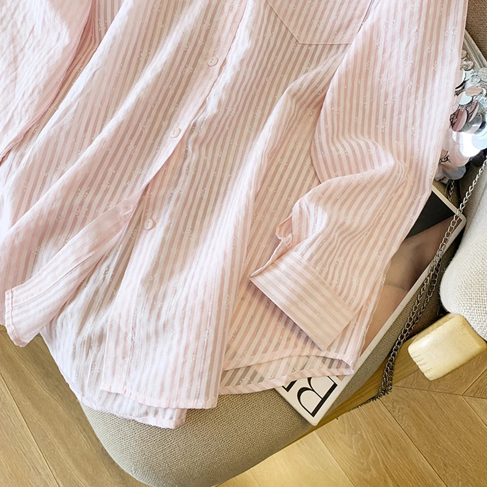 Hnewly  Pink Striped Sun Protection Shirt Women's Summer Thin Single-breasted Outwear Loose Fit Lazy Style Casual Open Front Female Tops