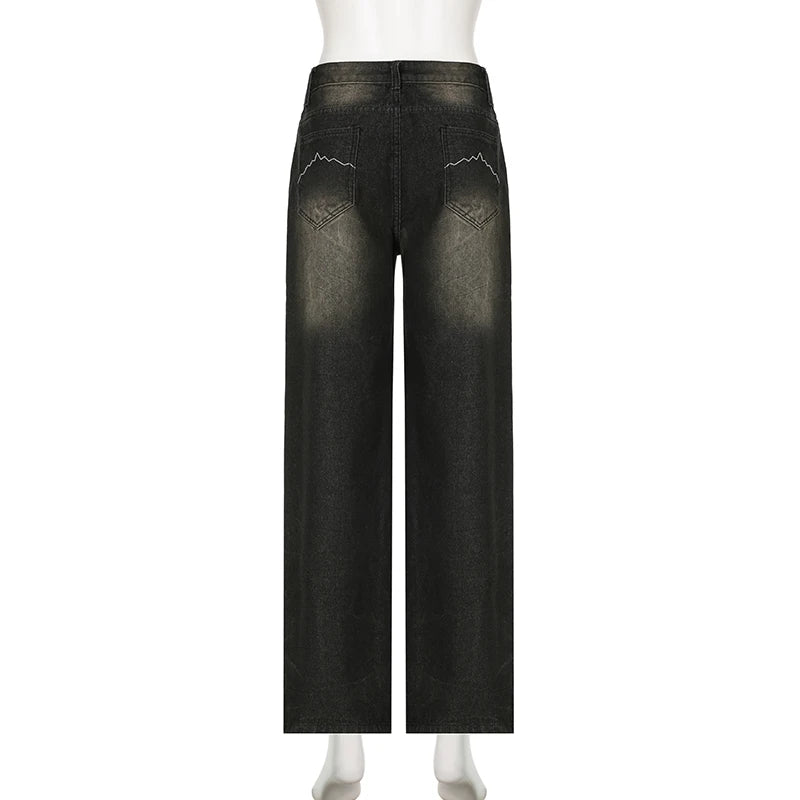 Hnewly Streetwear Grunge Baggy Jeans Women Vintage Distressed Straight Leg Y2K Denim Pants 90s Aesthetic Outfits Washed Chic