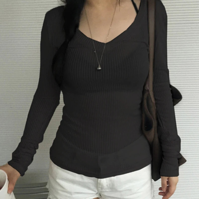 Hnewly Slim-fitting Knitted Crop Top Solid Micro-transparent T-shirt Smock Women Sexy Full Sleeve V-neck Tees Shirts Y2k Vintage