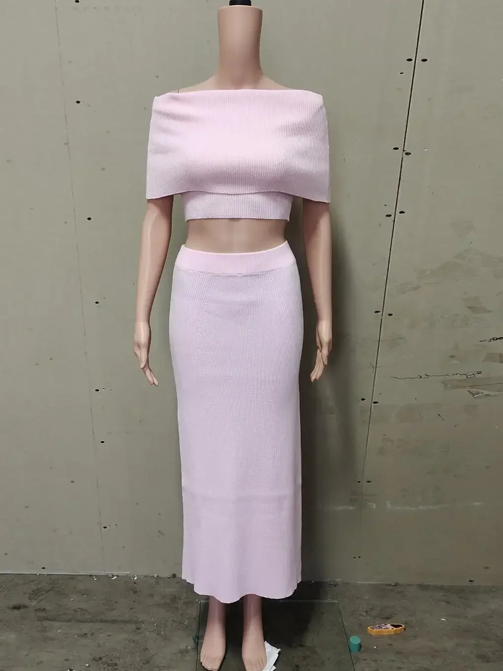 Hnewly Elegant Solid Knitted Elastic Waist Slim Maxi Skirt Suits Women Chic Sleeveless Off Shoulder Shawl Top Set Lady High Street Wear