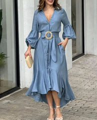 Hnewly  Asymmetrical Style for Women Spring Summer Elegant Sexy V-Neck Lantern Sleeve Ruffle Hem Pocket Design Maxi Dress