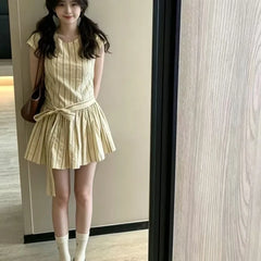 Hnewly  Sweet Short Skirt Fashion Knot Summer Short Sleeve Dress Korean Style Versatile Waist Slimming New Peach Color