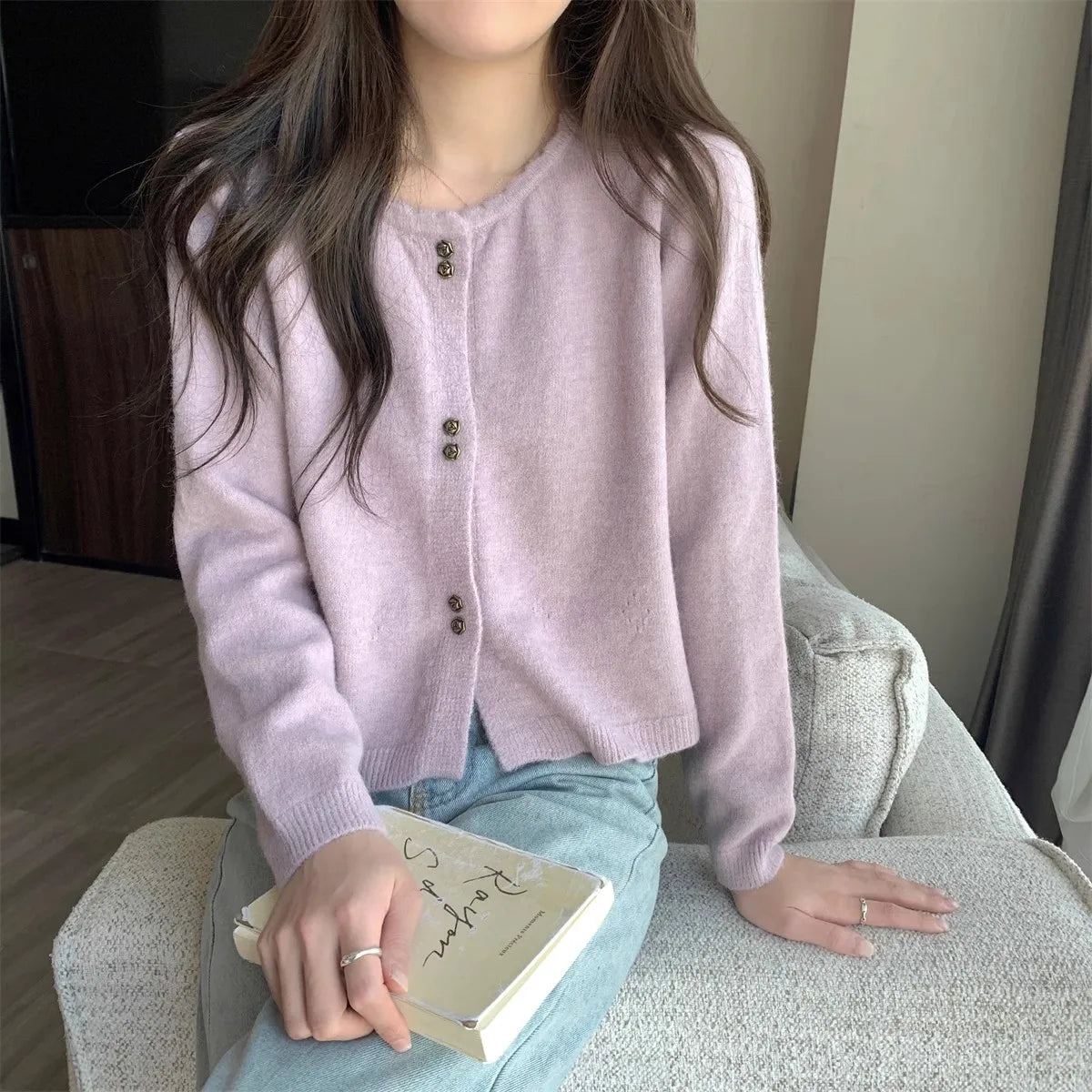 Hnewly  Sweet Short Hollowed Out Sweater Chic Buttons Long Sleeved Knitted  Cardigan Jacket Korean series Round Neck Loose Top