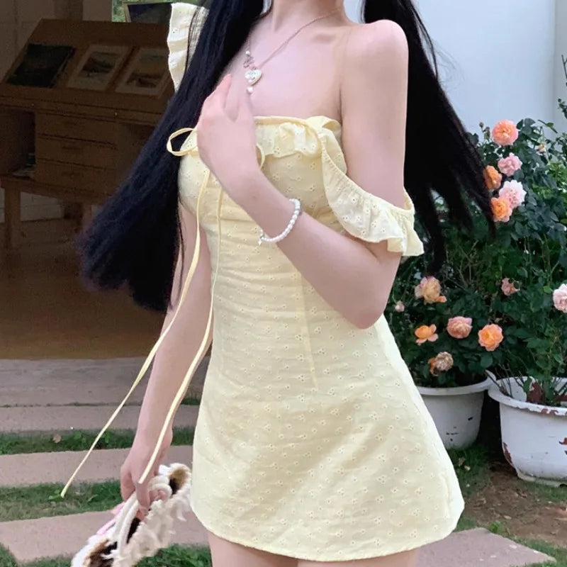 Hnewly A-line Dresses for Women Skinny Solid Flying Sleeve Summer Korean Style Chic Girls Square Collar Ins Lace-up Mini Lovely Girls