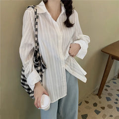 Hnewly  Spring fashion temperament lapel shirt women's single breasted simple dark striped long-sleeved shirt