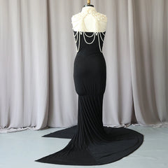 Hnewly  Elegant Maternity Dresses For Photoshoot Stretch Black Maxi Long Dress And Pearl Shawl Set Women’s Robe Photography Body Chain