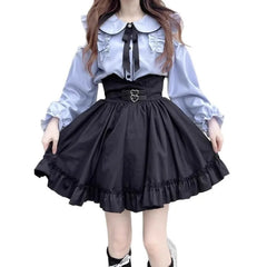 Hnewly  New Japanese Sweet Long Sleeve Shoulder Bared Doll Collar Women's Shirt Autumn Top Casual Slim Fit Mini Skirt Two Piece Set
