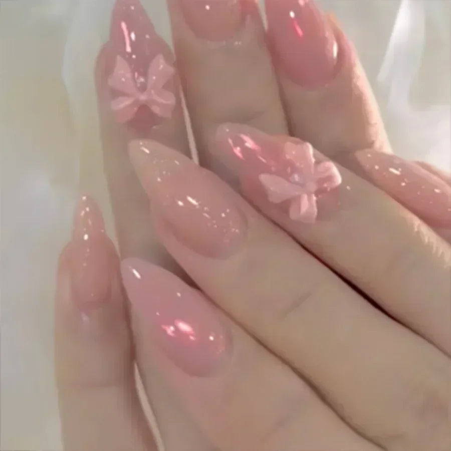Hnewly 24Pcs Almond False Nails Cute Strawberries with French Design Simple White Wearable Fake Nails Decoration Press on Nail Tips Art
