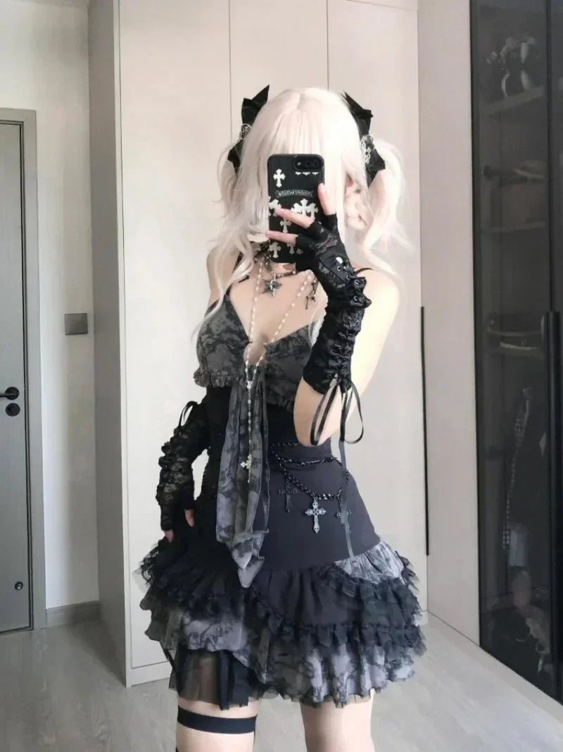Hnewly 2025 Summer Fashion V-neck Camisole Dresses Sexy Lace Patchwork Dress for Women Y2k Grunge Slim Waist Ruched Vestidos Mujer