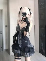 Hnewly 2025 Summer Fashion V-neck Camisole Dresses Sexy Lace Patchwork Dress for Women Y2k Grunge Slim Waist Ruched Vestidos Mujer