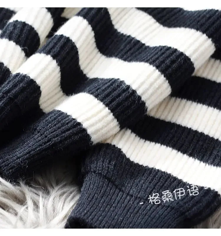 Hnewly  Half Zipper Stripe Pullover Sweater  Women Loose Knitted Base Shirt  2025 Spring /Autumn Japanese Style Long Sleeve Pullover Top