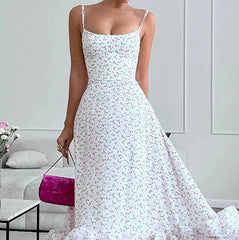 Hnewly  Mid Length Skirt Women's Summer Vacation Beach Strap Low Neckline Sleeveless Waist Cinching Printed Large Swing Skirt