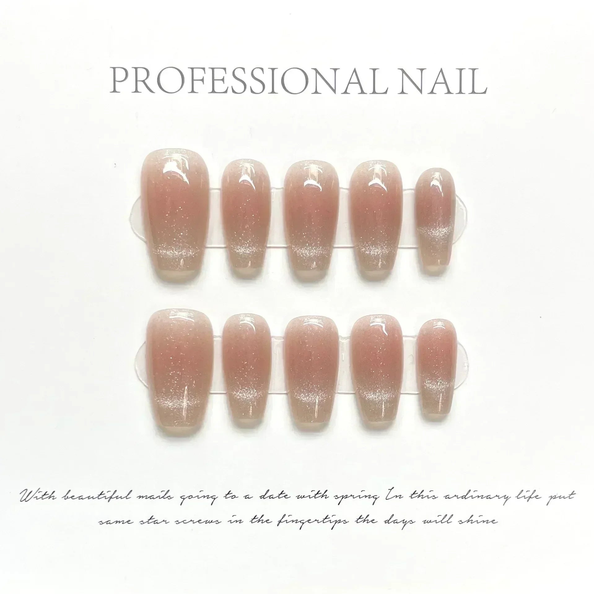 Hnewly 10Pcs Cat Eye Handmade Press On Nails with Gradient Design False Nails Full Cover French Ballerina Wearable Artificial Nail Tips