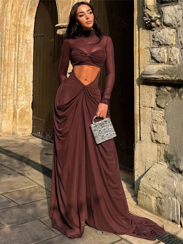 Hnewly  Cutenew Patchwork Mesh Women Maxi Dress Hipster Stacked Ruched Hollow See Through Full Sleeve Split Long Robe Female Party Frock