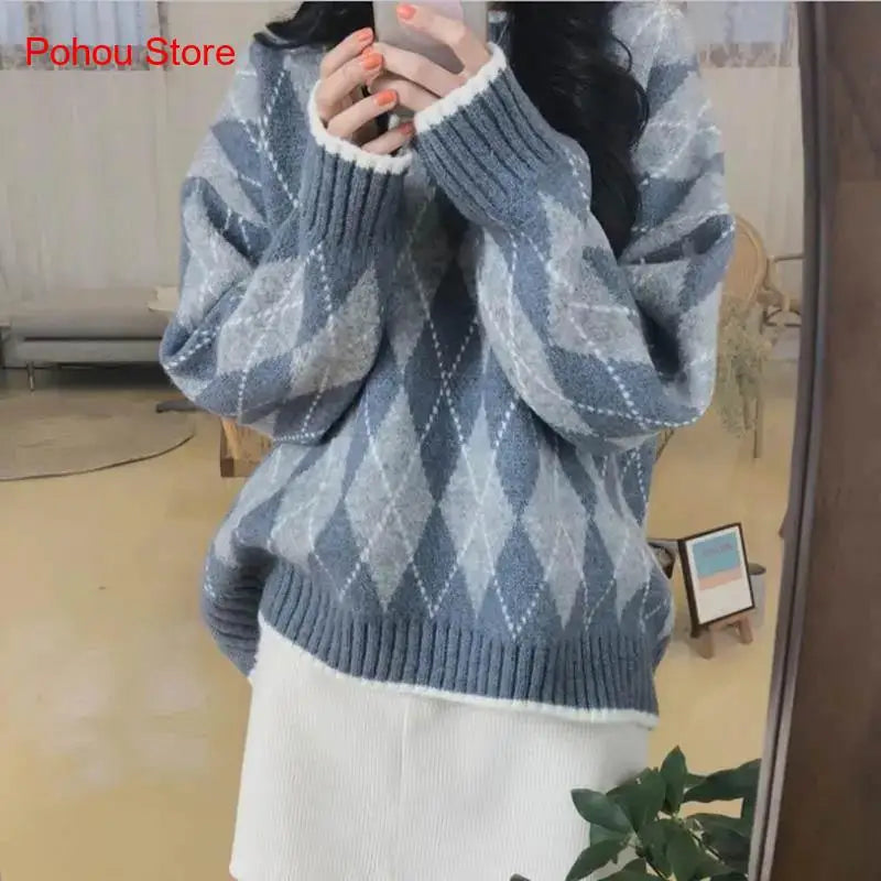 Hnewly comfy outfits winter Winter Argyle Loose Knitted Sweater Pullovers Sweater Korean College Style Women Jumper