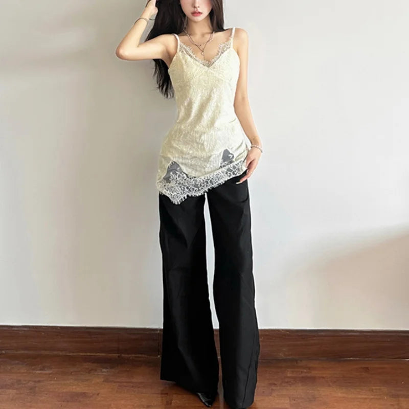 Hnewly y2k Tops Women Coquette Clothing Solid Color V Neck Lace Patchwork Spaghetti Strap Sleeveless Camisole Vest Streetwear