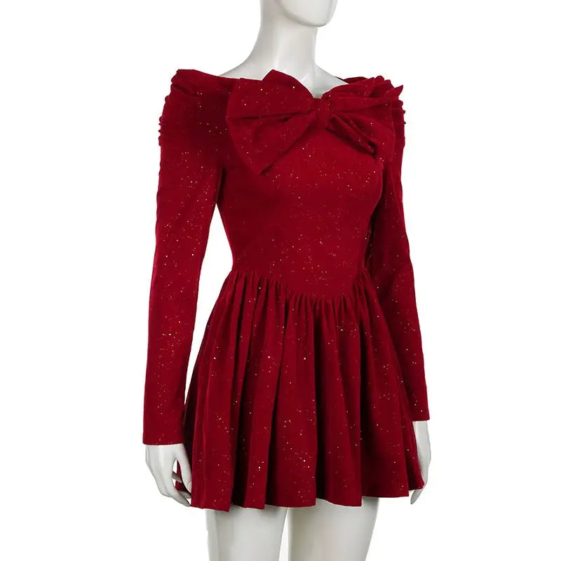 Hnewly NEW YEAR DRESS Holiday Christmas Bow Velvet A-Line Red Dress Slim Slash Neck Long Sleeve Mini Dresses For Women Autumn Winter Lady