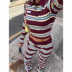 Hnewly  Women's 2Piece Y2k Striped Outfits Long Sleeve Button Lapel Collared Slim Crop Tops with Drawstring Pants Tracksuits