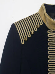 Hnewly  Women Military Style Jacket Gold Tassel Trim Stand Collar Short Coat Royal Court Fashion Outerwear Autumn Winter Tops