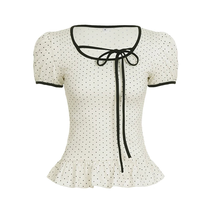 Hnewly Fashion Chic Cute Sweet Women Causal T-Shirts Short Sleeves Ruffly Polka Dot Prints Edible Tree Fungus Blouses
