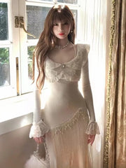 Hnewly Women Autumn Spring Elegant Lace Mermaid Dres Slim Waist  Vestidos Vintage Chic Evening Party Robe New