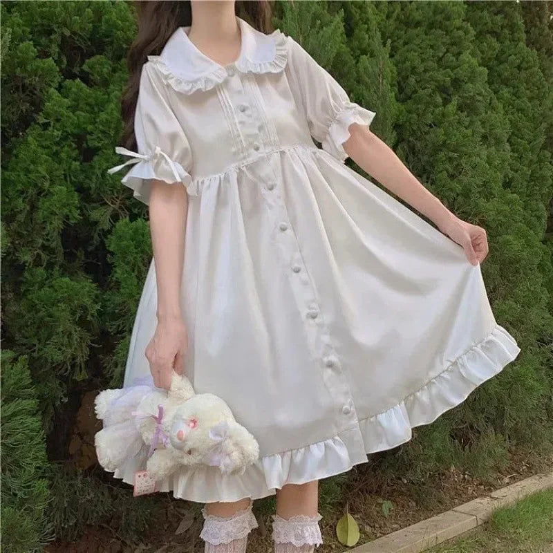 Hnewly  Japanese Lolita White Dress Summer Puff Sleeve Ruffles Dress Preppy Style Kawaii Sweet Fairy Peter Pan Collar Women Midi Dresses