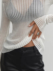 Hnewly   Sexy Thin Knit Sweater Women Solid Color Basic Pullover Top Casual Cozy Long Sleeve T-shirts 2023 Spring Summer New