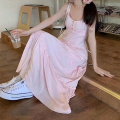 Hnewly  Pink Cute Midi Dresse Sweet Ruffle Casual Elegant Chic Beach Long Spaghetti Strap Button Holiday Gentle Dress Fairycore